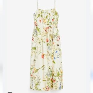 H&M Linen Blend Cream Floral Smocked Midi Dress